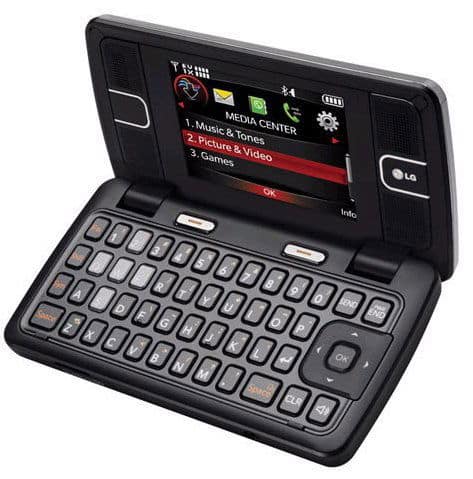 LG Keybo 2 enV3 open, showing full QWERTY keyboard below screen displaying Media Center menu