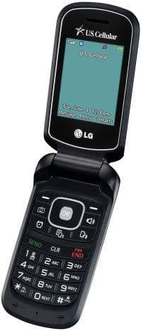 LG Envoy II flip phone, open, displaying home screen with US Cellular branding on black exterior with keypad