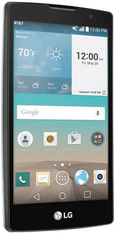 LG Escape 2 smartphone displayed front-on, showing home screen with weather widget, time, Google search bar, and app icons