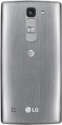 LG Escape 2 rear view, silver brushed metal back with camera, volume buttons, and AT&T logo