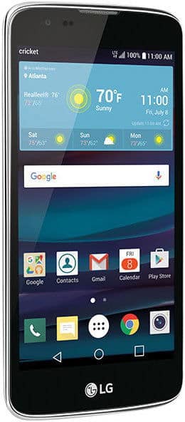 LG Escape 3 front view showing home screen with weather widget, Google search bar, and app icons including Phone, Contacts, Gmail, and Chrome