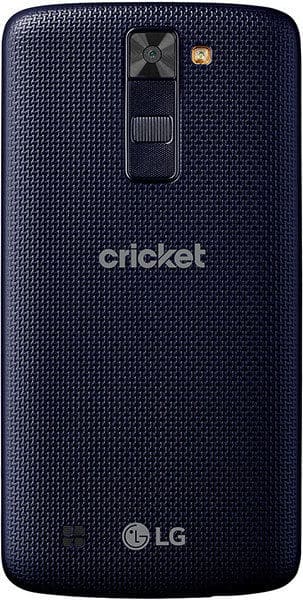 LG Escape 3 rear view, dark blue textured back with Cricket branding and camera module