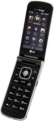 LG Exalt flip phone open, front view showing screen with app icons and numeric keypad below