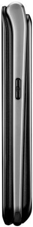 LG Exalt phone, front view, closed, showing silver and black exterior with button on spine
