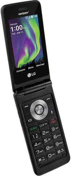 LG Exalt LTE flip phone open, displaying colorful aurora display, with numeric keypad and navigation wheel visible