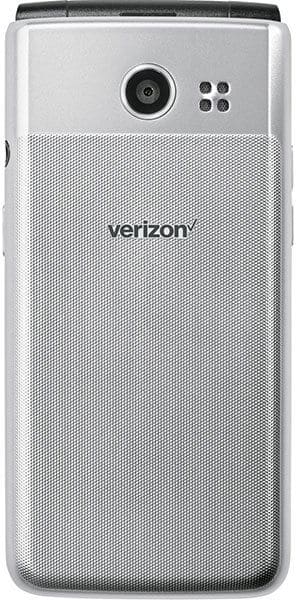 LG Exalt LTE rear view, silver phone with textured back, camera and LED flash at top, Verizon branding visible