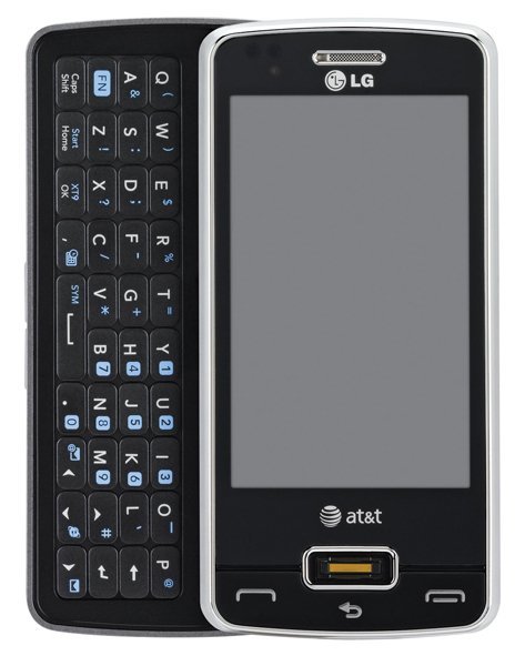 LG IQ eXpo front view, black sliding QWERTY keyboard phone with AT&T branding and gray touchscreen display