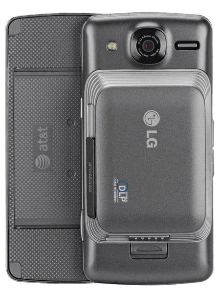 LG IQ (eXpo) smartphone displayed open from rear, showing camera, speaker grill, and textured back panel in metallic gray