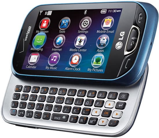 LG Extravert 2 front view showing touchscreen display with app icons and slide-out QWERTY keyboard