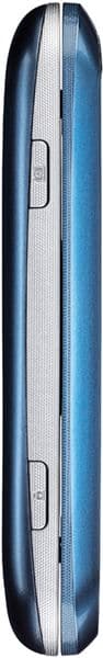 LG Extravert 2 phone, side view, showing blue casing with silver center strip and physical buttons