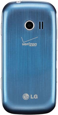 LG Extravert 2 rear view, blue brushed metal back with camera and Verizon branding