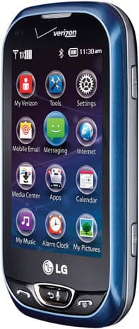 LG Extravert 2 front view, blue phone with touchscreen displaying apps and Verizon branding