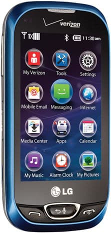 LG Extravert 2 front view, blue flip phone with touchscreen displaying home menu icons for email, messaging, music, and settings