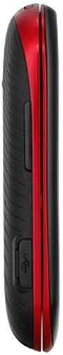 LG Extravert side view, red and black flip phone closed vertically