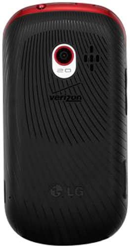 LG Extravert phone rear view, black with red trim and camera lens at top center