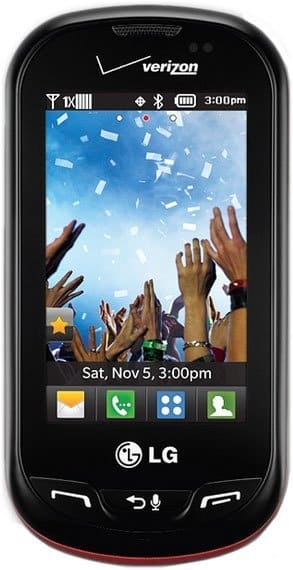 LG Extravert front view, black phone with curved screen displaying hands reaching upward, Verizon branding visible