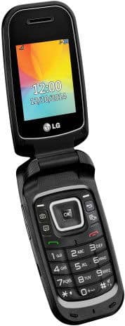 LG F4NR flip phone, open, displaying colorful rainbow screen on upper display with numeric keypad below