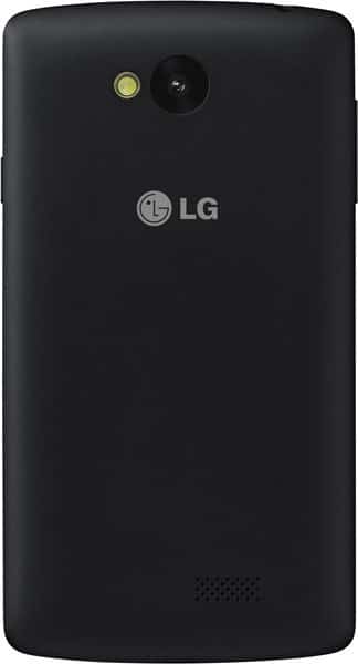 LG F60 smartphone, rear view, showing black body with camera and flash