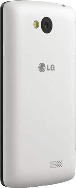 LG F60 rear view showing white back panel with camera and speaker grille