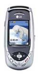 LG F7200 mobile phone, front view, silver and blue clamshell design with small screen and keypad visible