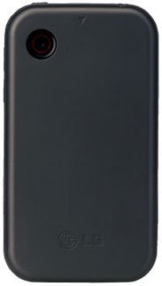 LG Flick phone, front view, dark gray casing with camera lens visible at top left