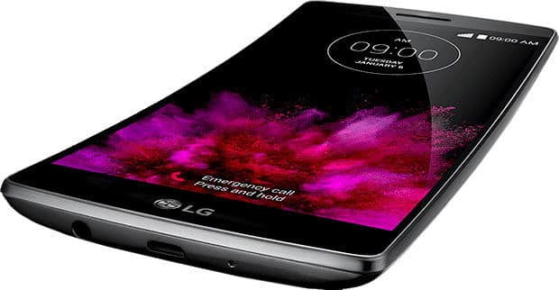 LG G Flex 2 smartphone displayed at an angle, showing its curved screen with magenta and black wallpaper and clock display