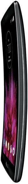 LG G Flex 2 smartphone viewed from the side, showing its curved profile with a purple-tinted display