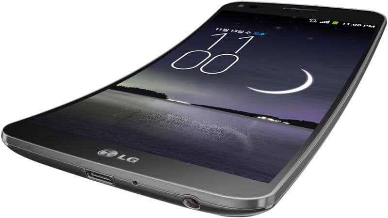 LG G Flex curved smartphone shown from front angle with screen on displaying time and moon graphic