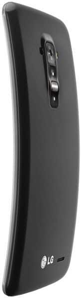 LG G Flex rear view, black curved smartphone with camera and controls visible