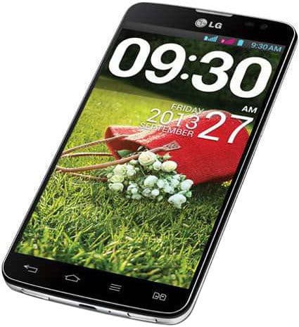 LG G Pro Lite smartphone front view with screen displaying time 09:30 and nature wallpaper with flowers