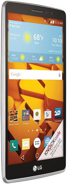 Front view of black LG G Stylo shows large touchscreen with weather widget, time, date, app icons, rounded edges, and front camera.