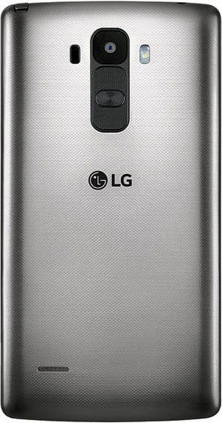 Rear view of metallic gray LG G Stylo showing camera, flash, volume/power buttons, speaker grille, and central LG logo.