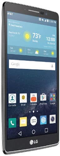LG G Vista 2 smartphone, front view, displaying weather widget and app icons on home screen