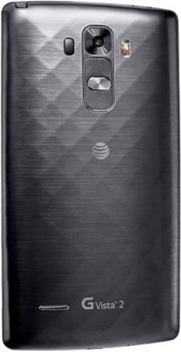 LG G Vista 2 rear view, showing dark brushed metal back with dual camera and speaker grille