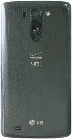 LG G Vista rear view showing dark green back panel with camera, speaker, Verizon branding, and LG logo