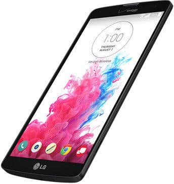LG G Vista phone displayed at an angle, showing colorful pink and blue watercolor design on home screen with time and app icons