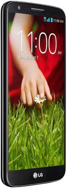 LG G2 smartphone displaying lock screen with time 11:00 AM, grass and flower background, shown from front angle