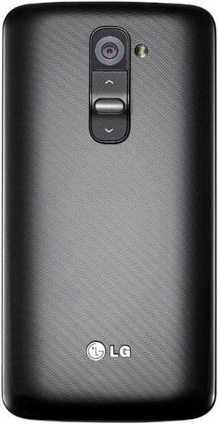 LG G2 smartphone rear view, black with textured back, camera and volume controls visible