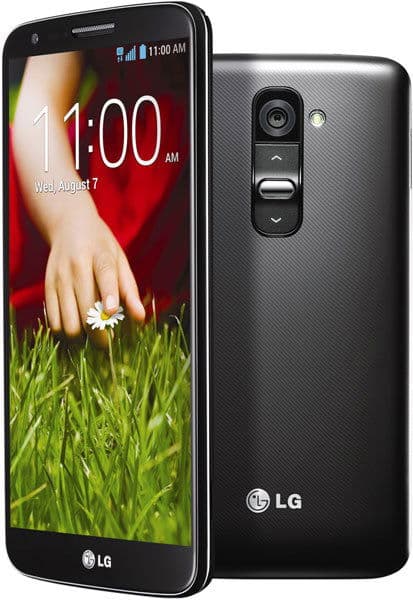 LG G2 smartphone displayed front and rear views, showing time 11:00 AM on screen and dual camera on black back