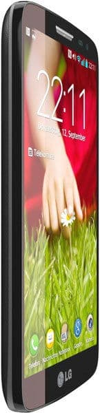 LG G2 mini smartphone shown from the front, displaying a home screen with grass and flower wallpaper and time 29:11