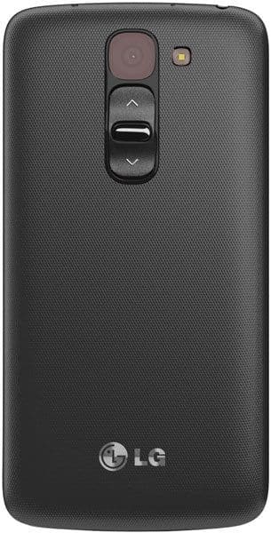 LG G2 mini rear view, showing dark gray textured back with camera lens and volume controls