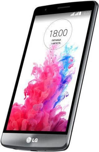LG G3 Beat front view displaying colorful pink and blue ink swirl design on screen with time 18:00