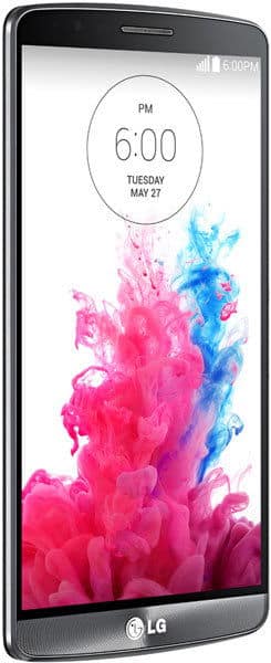 LG G3 phone displaying lock screen with time 6:00 PM and colorful pink and blue ink swirl wallpaper, front view