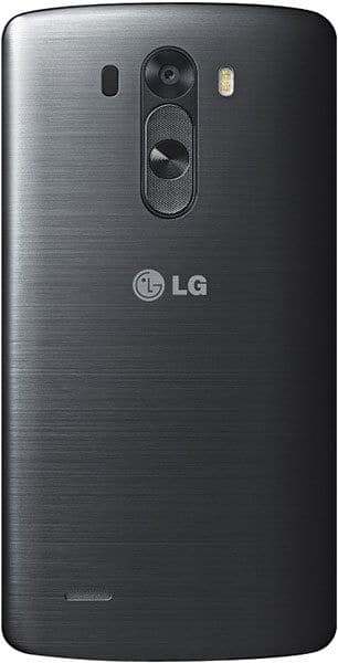 LG G3 rear view, black phone with dual cameras, speaker grille, and LG logo