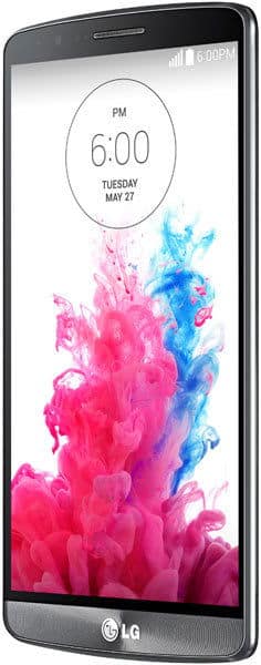 LG G3 phone displaying lock screen with time 6:00 PM and colorful pink and blue ink swirl wallpaper