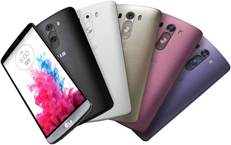 LG G3 smartphone displayed in five color variants: black, white, beige, pink, and purple, shown from rear angle with one front view