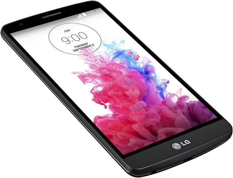 LG G3 Stylus phone displayed at an angle, showing lock screen with time 9:00 and colorful pink and blue ink effect wallpaper