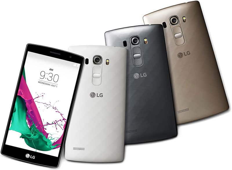 LG G4 Beat smartphones displayed front and rear views in black, white, and gold finishes