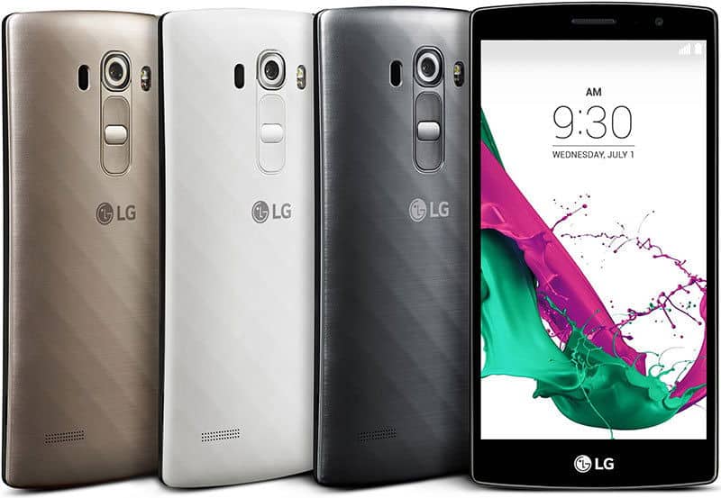 LG G4 Beat smartphones in gold, white, and black, shown from rear and front views with time display at 9:30
