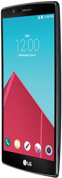 Front view of black LG G4 smartphone showing 12:00, June 3, app icons at bottom, geometric pink and blue wallpaper.